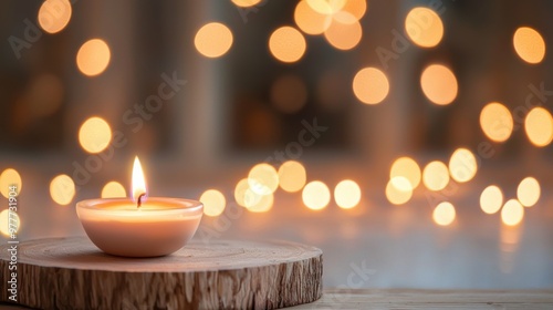 A serene candle burns softly in a cozy atmosphere, surrounded by glowing bokeh lights for a warm, inviting ambiance.