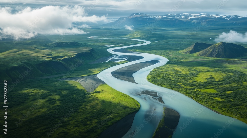 An aerial view shows a winding river in Iceland, surrounded by lush valleys and rugged mountains.