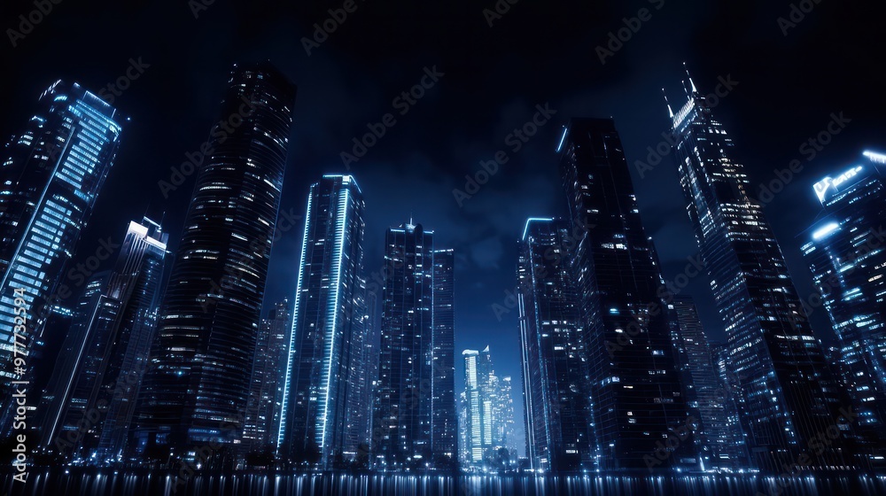 Obraz premium A city skyline at night with the buildings lit up in blue. Scene is serene and peaceful, as the city is quiet and calm at night