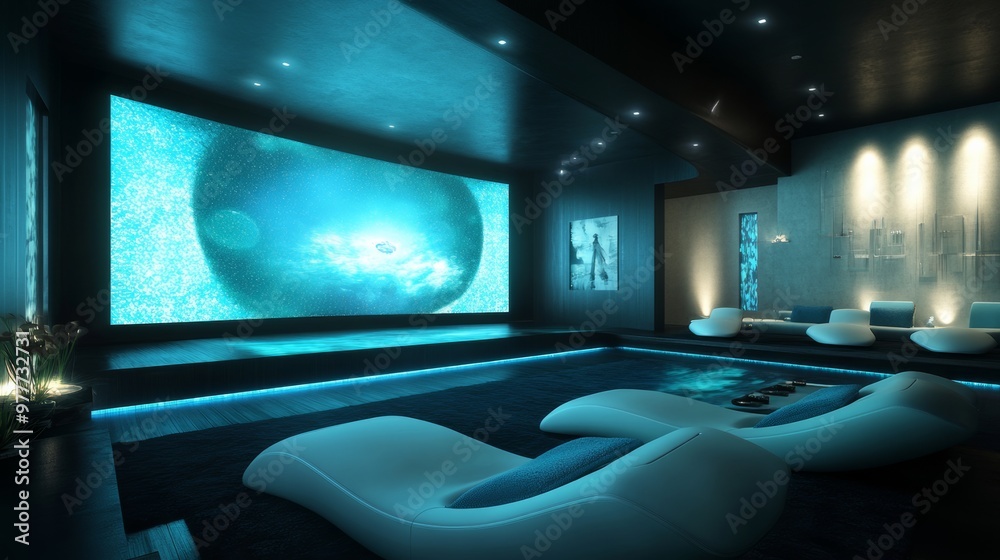 Modern Home Theater with Blue and White Color Scheme and Curved Screen. Modern Home Theater with Blue and White Color Scheme and Curved Screen.