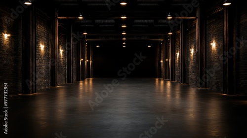A long, dark hallway with a few lights on. Scene is eerie and mysterious