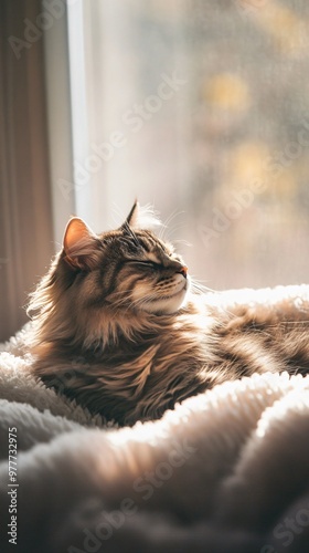 A serene Domestic Mediumhair cat resting on a plush blanket, sunlight filtering through a window, light solid color background photo