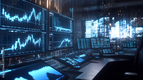 Illustration of a futuristic investment dashboard with multiple asset classes and portfolio growth indicators.