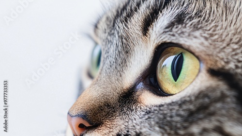 A close-up of a Domestic Shorthair cat's face showcasing its vibrant eyes and soft fur against a light solid color background