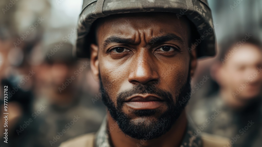 A soldier with a resolute expression looks directly forward while dressed in a military uniform, symbolizing strength, discipline, and readiness in their role. A soldier with a resolute expression looks directly forward while dressed in a military uniform, symbolizing strength, discipline, and readiness in their role.