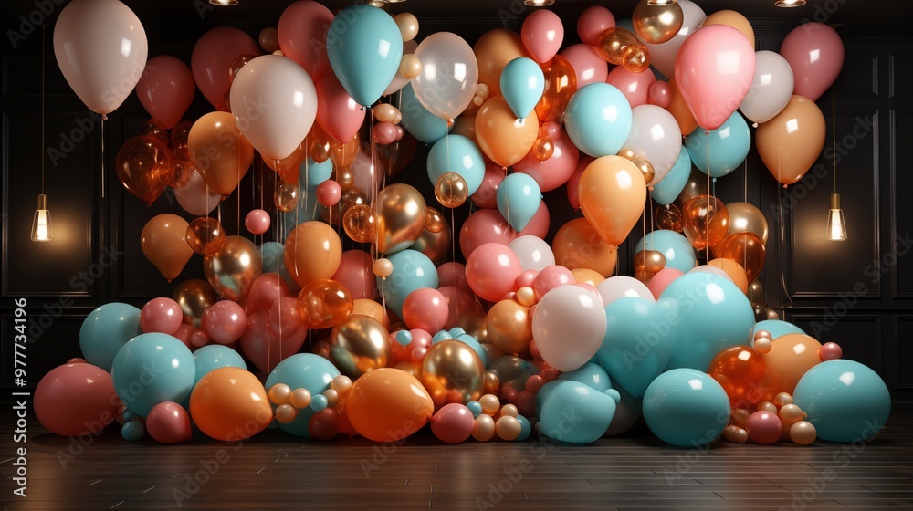 Party festive birthday photo zone with colorful balloons Party festive birthday photo zone with colorful balloons