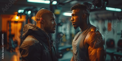 Personal trainer instructs client on strength training in a gym during evening workout