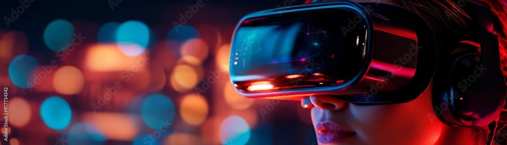 A person experiences virtual reality with a headset, immersed in an illuminated environment, showcasing technology and innovation. A person experiences virtual reality with a headset, immersed in an illuminated environment, showcasing technology and innovation.