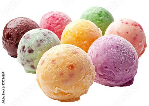 Close-up of assorted ice cream scoops in various flavors isolated on transparent background