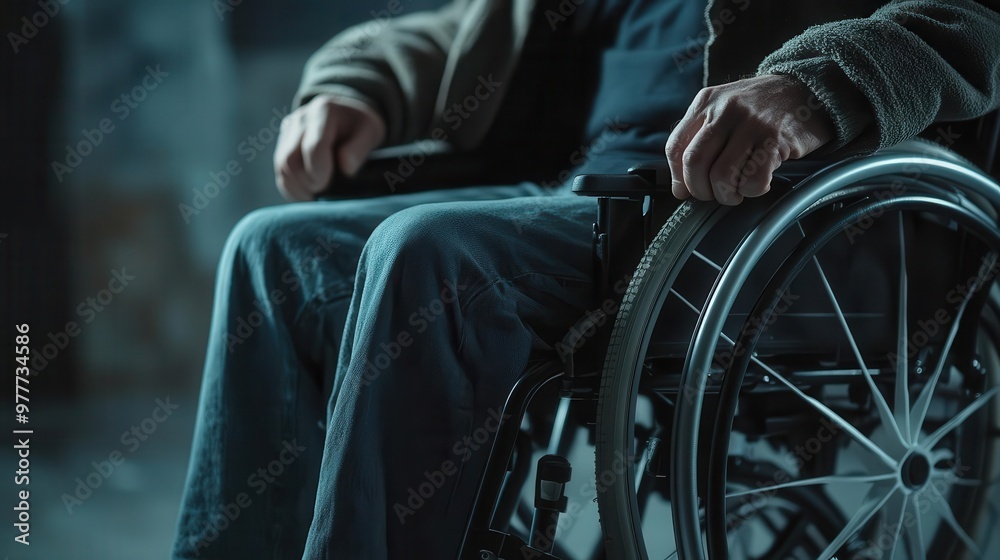closeup of man in wheelchair with physical disability mobility disorder concept copy space
