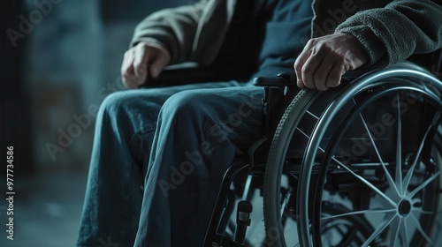 closeup of man in wheelchair with physical disability mobility disorder concept copy space