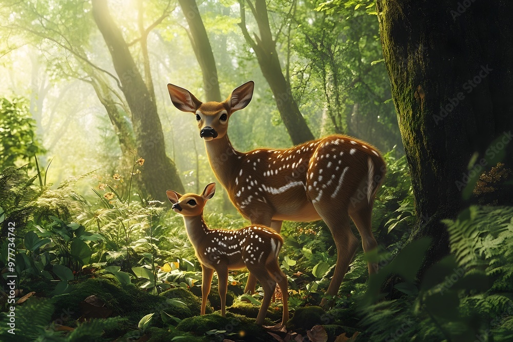 Mothers love deer and her fawn in a lush forest Mothers love deer and her fawn in a lush forest
