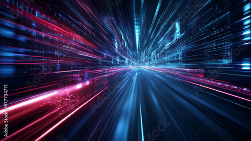 Speed movement design background concept featuring hi-tech digital technology elements. The dynamic visual showcases futuristic motion with glowing lines, sleek curves, and a sense of rapid velocity,  photo