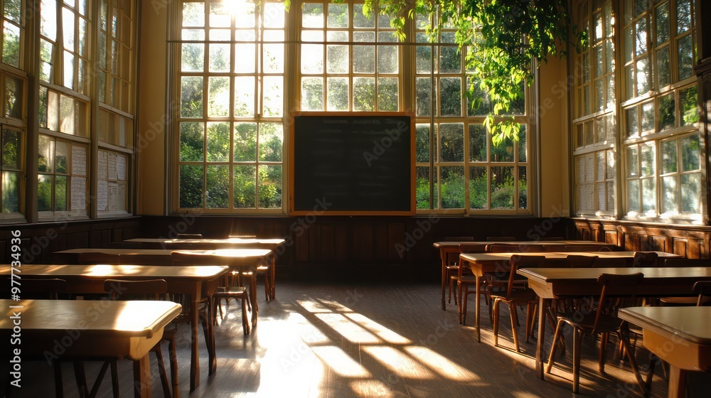 A classroom with a blackboard and a few empty desks. The room is bright and sunny, with sunlight streaming in through the windows A classroom with a blackboard and a few empty desks. The room is bright and sunny, with sunlight streaming in through the windows