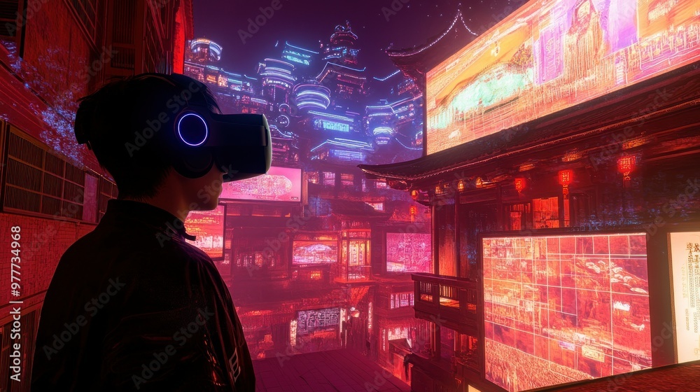 Fototapeta premium A Person Wearing a VR Headset Stands in a Futuristic Asian City