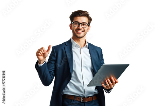 Smiling Businessman Holding Tablet and Pointing isolated on white/transparent background