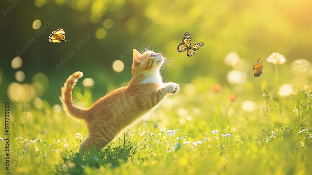 A playful farm cat chasing butterflies in a vibrant green field, with a blurred background of wildflowers A playful farm cat chasing butterflies in a vibrant green field, with a blurred background of wildflowers