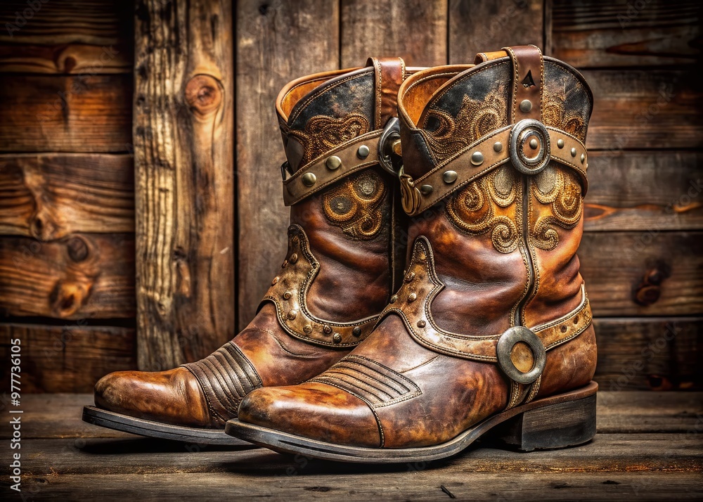 Weathered leather straps adorned with intricate stitching and ornate metalwork adorn the top of a pair of rustic