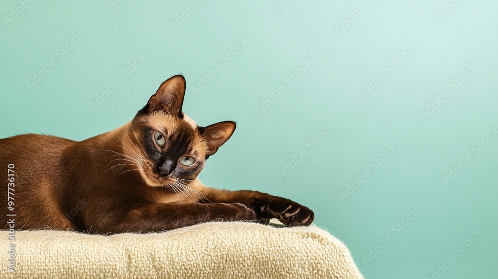 Fototapeta premium A Havana Brown cat playfully lounging on a soft cushion, with its elegant posture highlighted by a light solid color backdrop