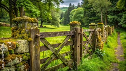 Weathered stone fence posts covered in moss and lichen stand sentinel alongside a rustic wooden gate, surrounded by