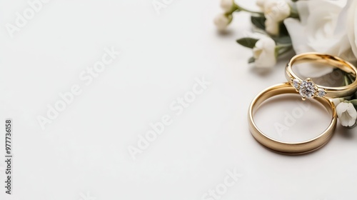 A couple's wedding rings are displayed on a white background. The rings are gold and have diamonds on them. Concept of love and commitment, as the rings are symbols of the couple's bond