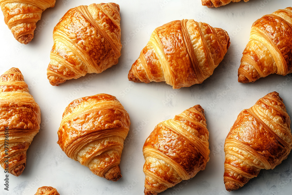 Freshly baked golden croissants on a light background. Freshly baked golden croissants on a light background.