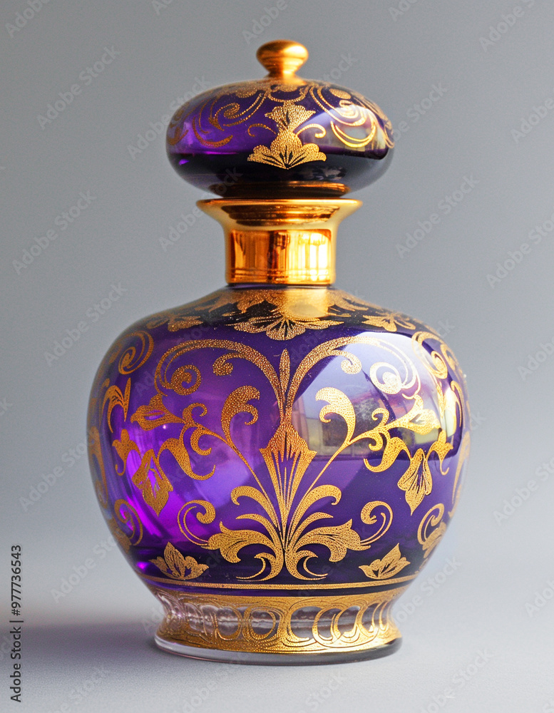 Bottle with perfume in oriental style in lilac and gold colors on a light background Bottle with perfume in oriental style in lilac and gold colors on a light background