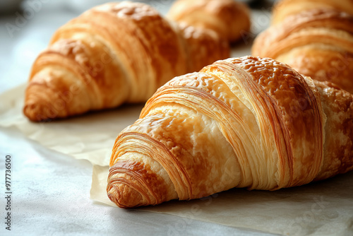 Freshly baked golden croissants on a light background.