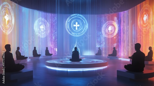 Silhouettes Meditating in a Digital Cross Environment. photo