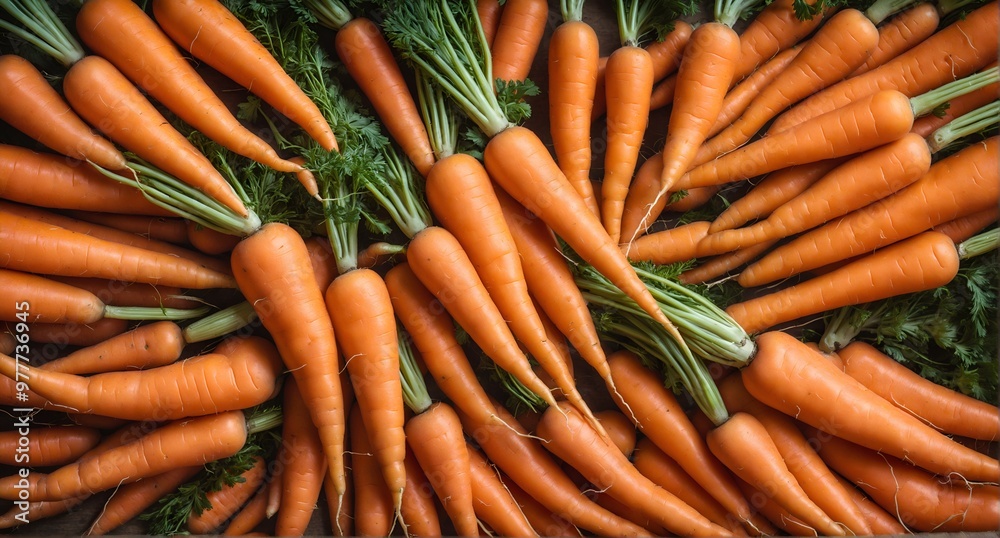 Orange carrots with green leaves. Fresh vegetables background. Top view Orange carrots with green leaves. Fresh vegetables background. Top view