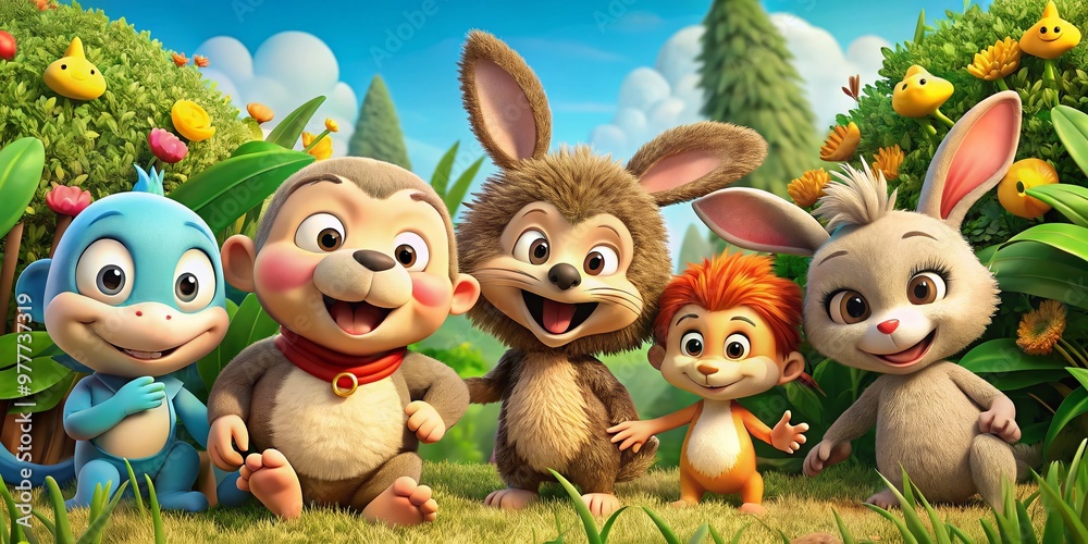 Naklejka premium Whimsical scene features colorful cartoon friends, including a goofy rabbit, mischievous monkey, and happy hedgehog, in