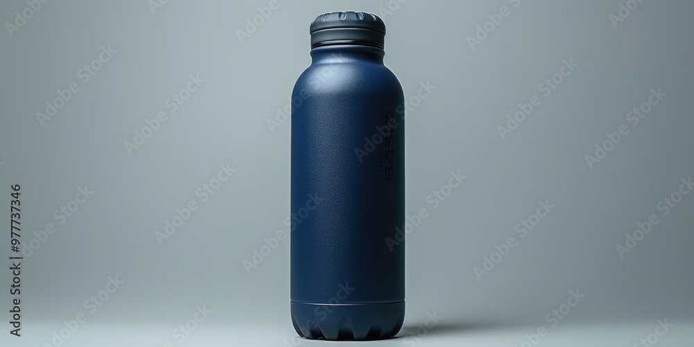 A blue plastic squeeze water bottle positioned upright on a solid background in a minimalist setting A blue plastic squeeze water bottle positioned upright on a solid background in a minimalist setting