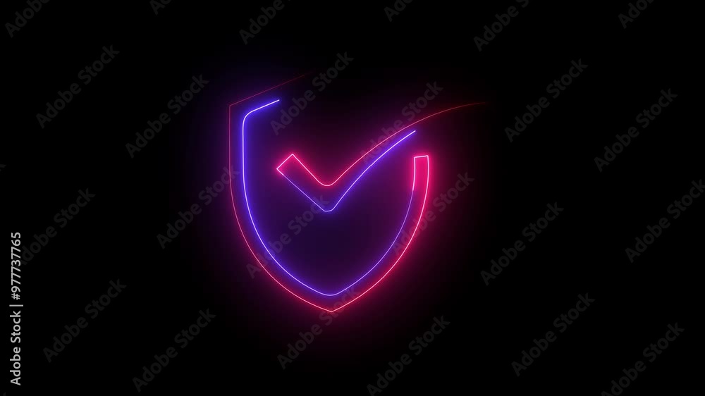 4K Line Glowing neon line. Shield check mark with check mark icon ...