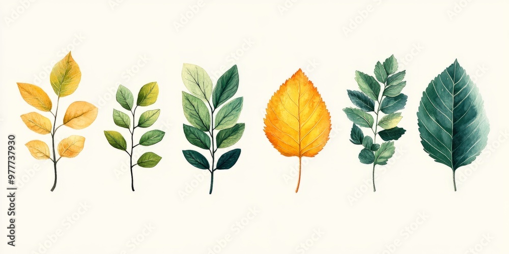 Fototapeta premium Minimalistic illustration of different autumn leaves of trees and nature motives