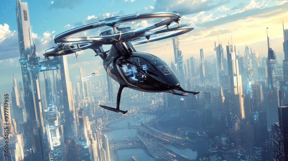 Futuristic Cityscape with Flying Vehicle. Futuristic Cityscape with Flying Vehicle.