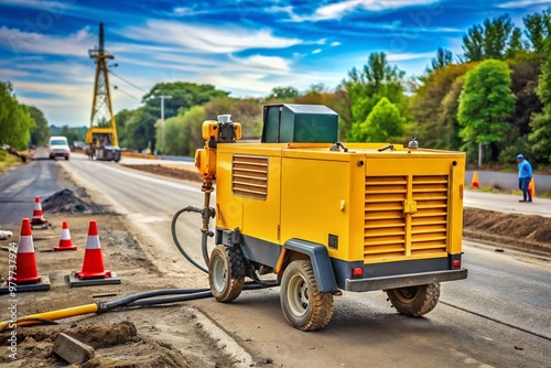 Yellow air compressor unit standing on a rural road amidst construction equipment and debris, powering tools for photo