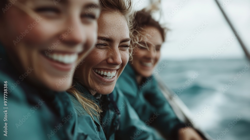 Three friends wearing jackets share a joyful moment on a sailboat in rough seas, with laughter and camaraderie evident, capturing an adventurous spirit. Three friends wearing jackets share a joyful moment on a sailboat in rough seas, with laughter and camaraderie evident, capturing an adventurous spirit.