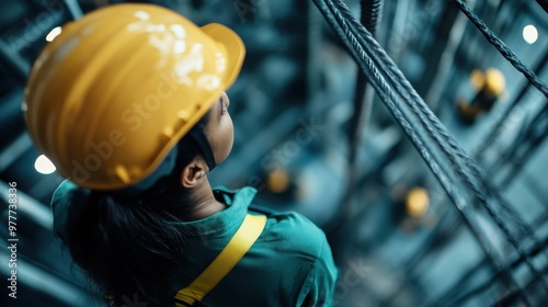 A construction worker wearing a yellow hard hat and safety harness is ascending a metal scaffolding structure, highlighting safety measures and industrial work environment. photo