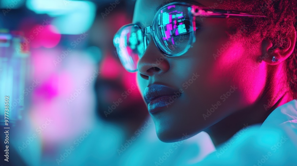 A vibrant neon-colored image featuring a person with an afro hair and earrings in a technological or scientific environment. The background is blurred for focus. A vibrant neon-colored image featuring a person with an afro hair and earrings in a technological or scientific environment. The background is blurred for focus.