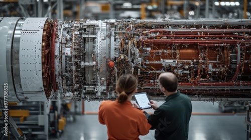 Two engineers dressed in professional attire are inspecting an aircraft turbine in a factory, using a tablet for assessments, reflecting high-tech precision engineering and quality control. photo