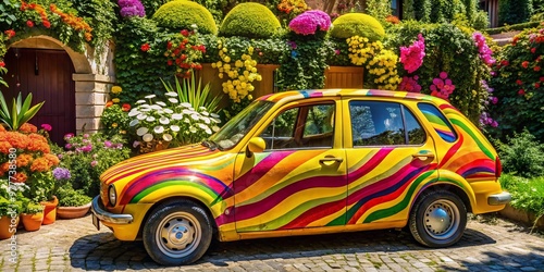 Yellow parked psychedelic-colored car with vibrant stripes and flowers, surrounded by lush greenery, exuding a fun,