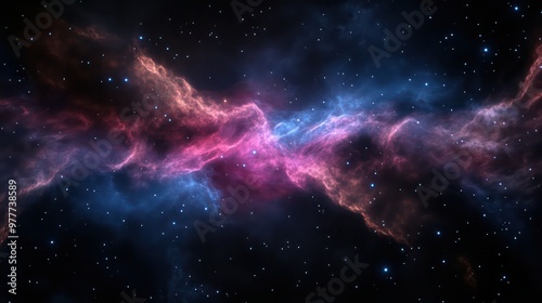 A space scene with a purple and blue nebula. The colors are vibrant and the stars are scattered throughout the image