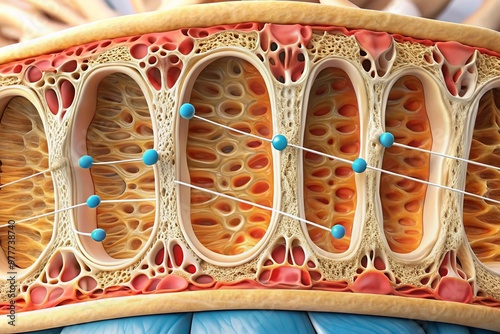 Zoomed-in illustration of human osteon structure, showcasing concentric lamellae, Haversian canal, lacunae, and photo