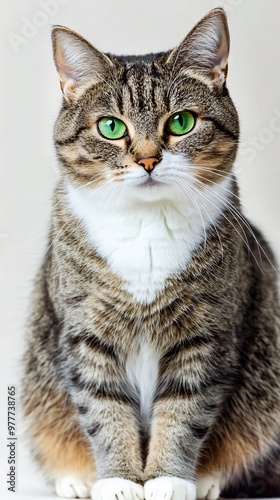 A close-up portrait of a housecat with captivating green eyes, sitting elegantly with a light solid color background