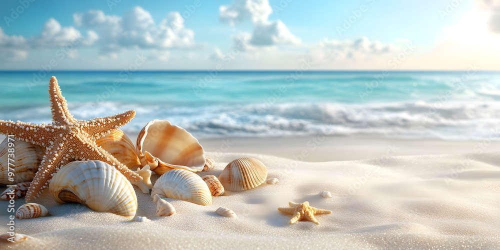 Various seashells placed on white sandy beach with a blue sea as a backdrop, conveys natural beauty and connection to the sea. It can be used in works that wish to convey sense of relaxation, travel Various seashells placed on white sandy beach with a blue sea as a backdrop, conveys natural beauty and connection to the sea. It can be used in works that wish to convey sense of relaxation, travel