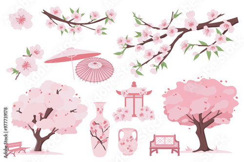 Sakura blooming set elements in flat graphic design. Bundle objects of pink cherry flowers, blossom branches, spring trees, park benches, japanese umbrella, pagoda gazebo, vases. Vector illustration.