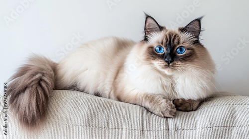 A Javanese cat with striking blue eyes lounging comfortably on a soft cushion, showcasing its long, flowing fur against a light solid color background