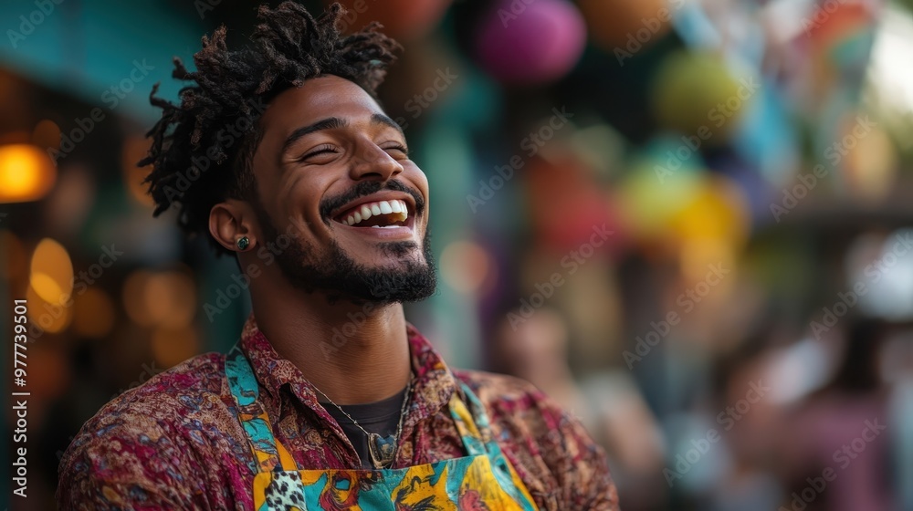 A happy man in expressive floral attire with an apron smiles brightly within a colorful marketplace, highlighting the joy and vibrancy of social encounters. A happy man in expressive floral attire with an apron smiles brightly within a colorful marketplace, highlighting the joy and vibrancy of social encounters.