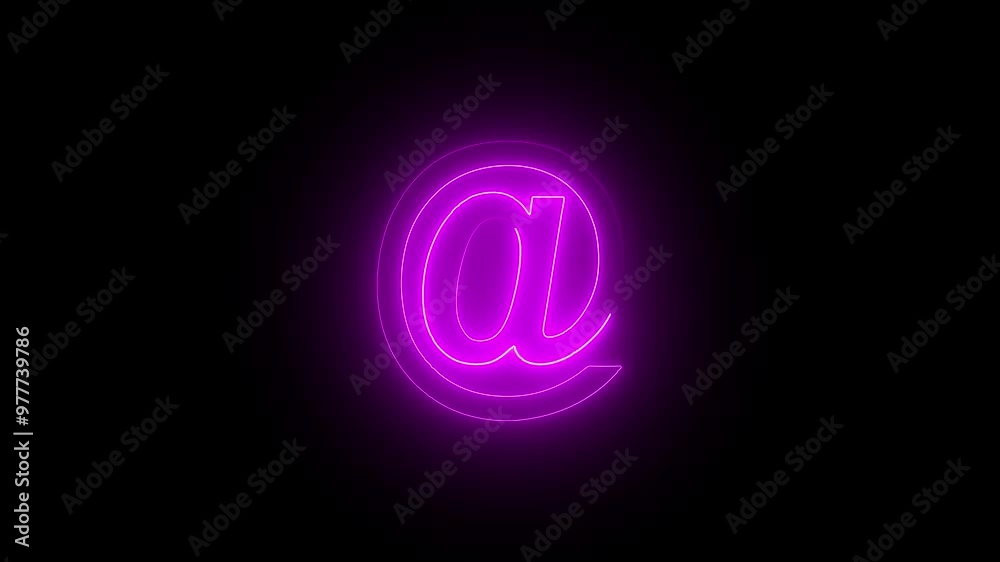 Purple color At-sign internet technology symbol with neon glowing animation on  black background. E-mail at neon symbol sign. @ e-mail symbol 