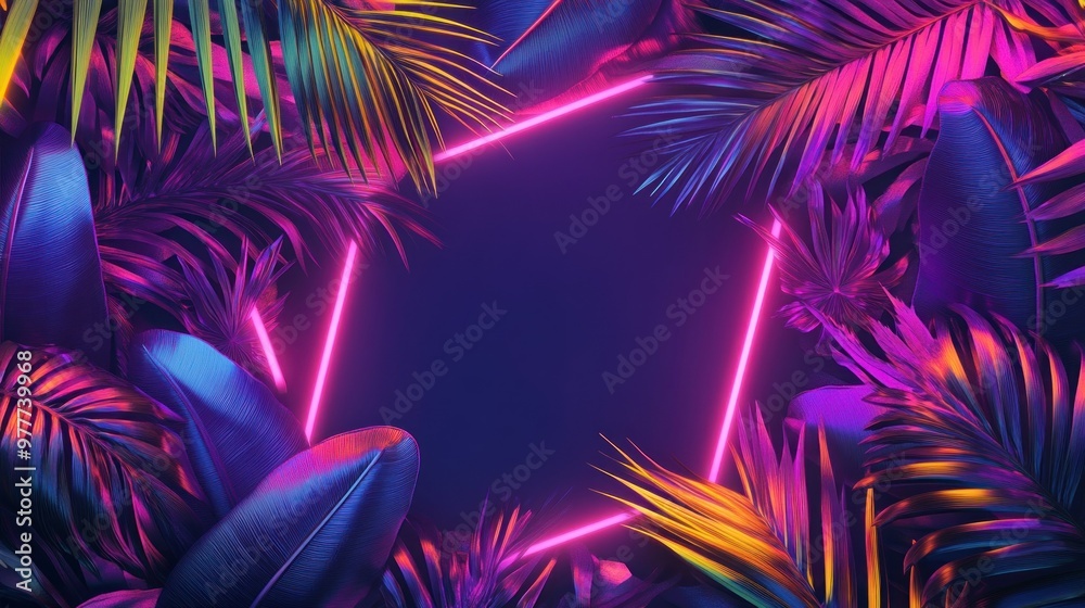 Neon Pink Light Framing Vibrant Tropical Foliage Neon Pink Light Framing Vibrant Tropical Foliage